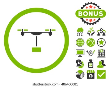 Drone Shipment icon with bonus elements. Vector illustration style is flat iconic bicolor symbols, eco green and gray colors, white background.