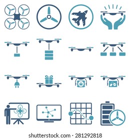 Drone shipment icon set designed with modern corporate cyan and blue colors. These flat bicolor pictograms are isolated on white background.