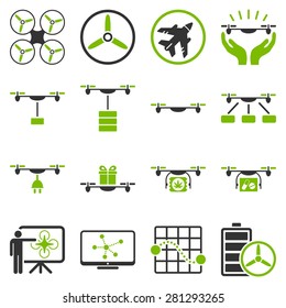 Drone shipment icon set designed with eco green and gray colors. These flat bicolor pictograms are isolated on white background.