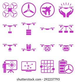 Drone shipment icon set designed with violet color. These flat pictograms are isolated on a white background.