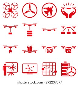 Drone shipment icon set designed with red color. These flat pictograms are isolated on a white background.