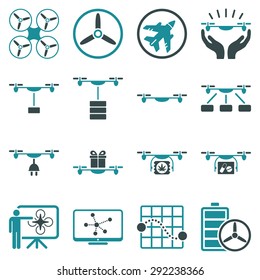 Drone shipment icon set designed with soft blue colors. These flat bicolor pictograms are isolated on a white background.