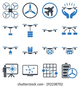 Drone shipment icon set designed with smooth blue colors. These flat bicolor pictograms are isolated on a white background.