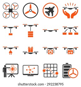 Drone shipment icon set designed with orange and gray colors. These flat bicolor pictograms are isolated on a white background.