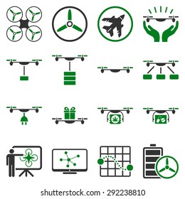 Drone shipment icon set designed with green and gray colors. These flat bicolor pictograms are isolated on a white background.