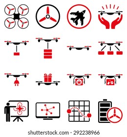 Drone shipment icon set designed with intensive red and black colors. These flat bicolor pictograms are isolated on a white background.