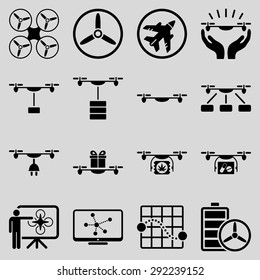 Drone shipment icon set designed with black color. These flat pictograms are isolated on a light gray background.