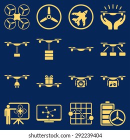 Drone shipment icon set designed with yellow color. These flat pictograms are isolated on a blue background.