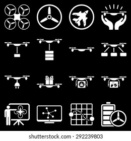 Drone shipment icon set designed with white color. These flat pictograms are isolated on a black background.