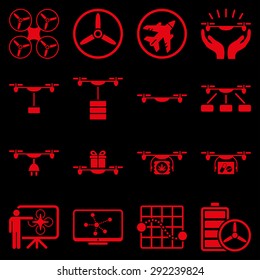 Drone shipment icon set designed with red color. These flat pictograms are isolated on a black background.