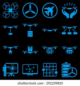 Drone shipment icon set designed with blue color. These flat pictograms are isolated on a black background.