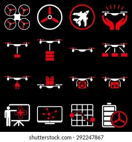 Drone shipment icon set designed with red and white colors. These flat bicolor pictograms are isolated on a black background.