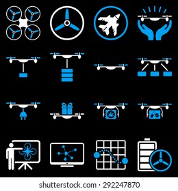 Drone shipment icon set designed with blue and white colors. These flat bicolor pictograms are isolated on a black background.