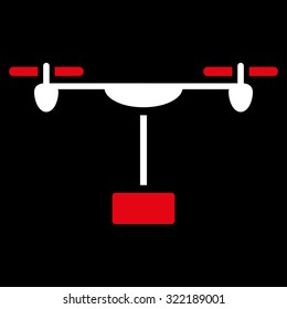 Drone Shipment vector icon. Style is bicolor flat symbol, red and white colors, rounded angles, black background.