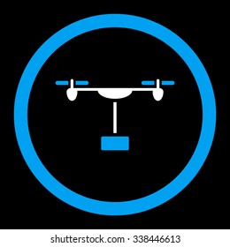 Drone Shipment vector icon. Style is bicolor flat rounded symbol, blue and white colors, rounded angles, black background.
