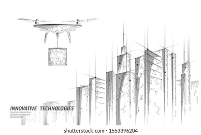 Drone shipping box low poly banner template. Regulation of unmanned aerial vehicles sky delivery. Private zone polygonal vector illustration