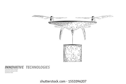 Drone shipping box low poly banner template. Regulation of unmanned aerial vehicles sky delivery. Private zone polygonal vector illustration