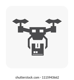 Drone shipping icon.That flying and carrying cardboard box.
Also called delivery drone icon. That is a unmanned aerial vehicle (UAV) used to transport packages, food or other goods. Vector icon design