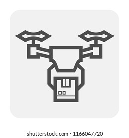 Drone shipping icon.That flying and carrying cardboard box.
Also called delivery drone icon. That is a unmanned aerial vehicle (UAV) used to transport packages, food or other goods. Vector icon design