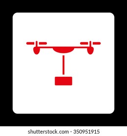 Drone Shipping vector icon. Style is flat rounded square button, red and white colors, black background.