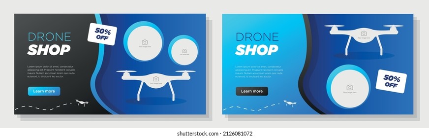 Juego de plantillas de banner para la tienda de drones en línea, anuncio corporativo de aviones a la venta, anuncio horizontal, cuatrioptero volador, página web de la campaña de ofertas, volante, folleto creativo, aislado en segundo plano.