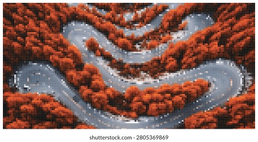 Drone shot of river winding through colorful autumn forest, vibrant orange foliage, fall landscape, nature scenery, aerial perspective.