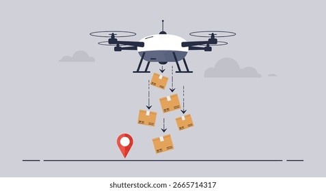 A drone is shown in the sky, dropping multiple packages towards a red location pin on the ground.