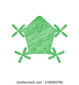 Signo de dron. Ícono de garabato verde con contorno sólido sobre fondo blanco.  Ilustración.