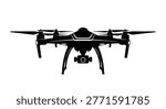 a drone silhouette featuring four rotors and a mounted camera, presented against a white background in a centered front view. high-quality professional detailed modern