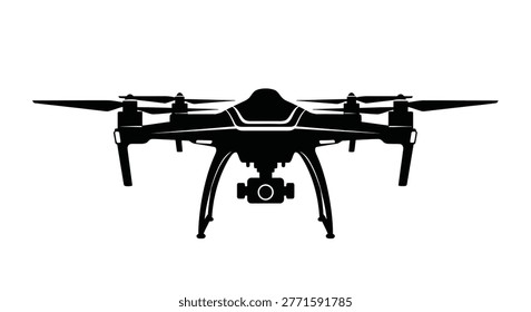 a drone silhouette featuring four rotors and a mounted camera, presented against a white background in a centered front view. high-quality professional detailed modern