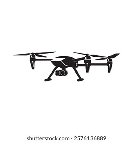 Drone silhouette, quad copter, black and white illustration, side view, sleek design, propellers, camera attachment,