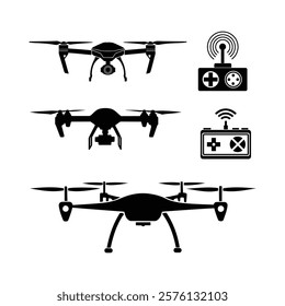 Drone silhouettes, quad copter designs, remote control icons set, aerial photography equipment, black and white illustration, technical diagram, wireless technology symbols, minimalist icons, vector