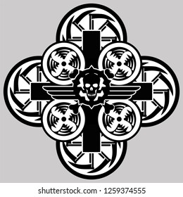Drone and skull icon.
Monochrome image of the technical device and part of the human body.