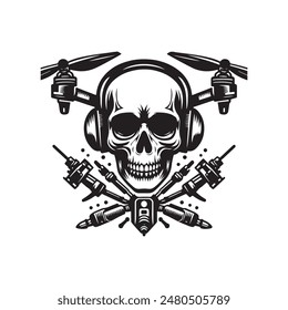 Drohne mit Totenkopf Vektorgrafik Logo Design Stil Vorlage Schwarz und Weiß 