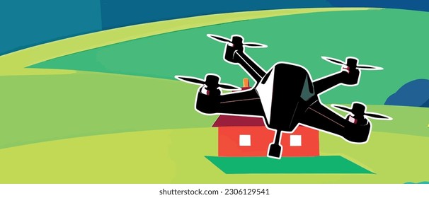 drone in the sky delivery, vector illustration, agricultural technology, aerial delivery landscape background