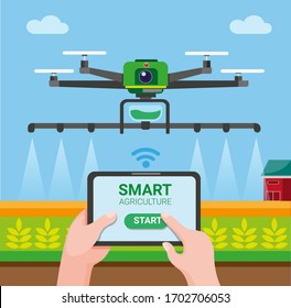 Drone smart agriculture, farmer use tablet controlling drone to spray chemical to wheat field. cartoon flat illustration vector