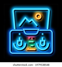 drone smartphone app remote controle neon light sign vector. Glowing bright icon drone smartphone app remote controle sign. transparent symbol illustration