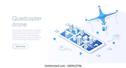 Drone with smartphone remote control concept in isometric vector illustration. Flying camera helicopter videography background. Web banner layout template.