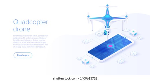 Drone with smartphone remote control concept in isometric vector illustration. Flying camera helicopter videography background. Web banner layout template.