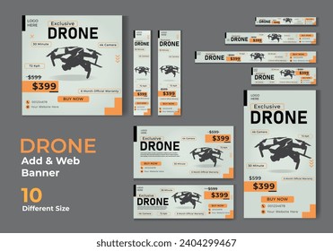 Diseño de publicaciones en medios sociales por drones. Plantilla de banner de anuncios web para marketing y promoción. Plantilla de pancarta de cámara. Plantillas de banners web de diferentes tamaños