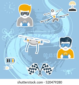 Drone sport. Vector illustration with air drones, operators wearing glasses and holding remote controls, flags etc. Flat design. Concept for quadcopter racing, competition, freestyle. 