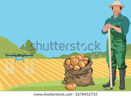 Drone spraying activity in a potato field with a farmer standing next to a sack of potatoes in the foreground. Technology concepts in the agro-industry.