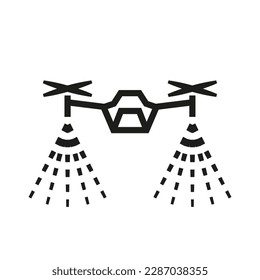 Drone spraying agent on crops.  Black illustration of agricultural automation. Contour isolated vector image on white background