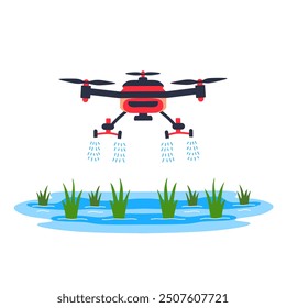 drone spraying pesticides on rice plants vector illustration.concept of the benefits of robot technology in agriculture