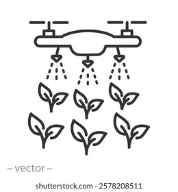 drone spraying plants icon, pesticides spray or moistening seedling, thin line symbol on white background - editable stroke vector illustration