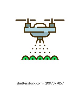 Drone sprinkling water over crops. Modern smart farming automated technology. Pixel perfect, editable stroke colorful icon