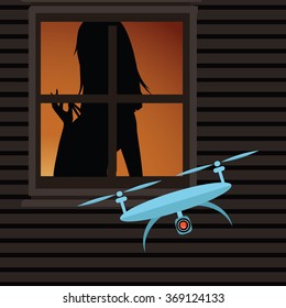 Drone spying on a woman through a window. EPS 10 vector.