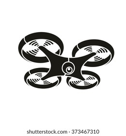 Drone stancil logo, quadcopter with action camera , black and white icon, unmanned aircraft isolated on white background illustration, vector graphic art.