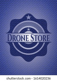 Drone Store badge with denim background. Vector Illustration. Detailed.