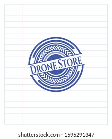 Drone Store drawn with pen strokes. Blue ink. Vector Illustration. Detailed.